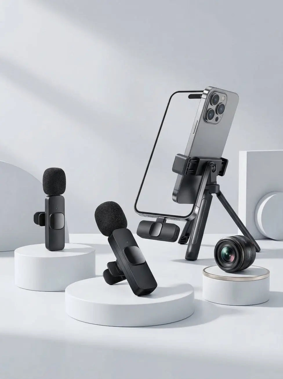 Phone holder with microphones and lens on a white background