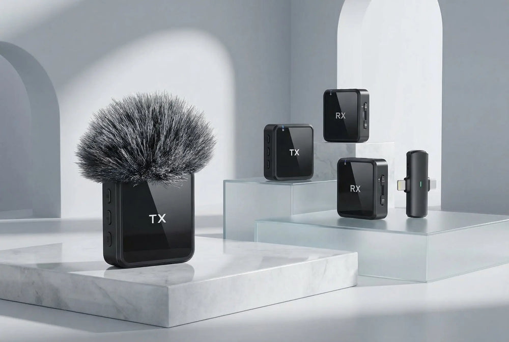 Black electronic devices labeled 'TX' and 'RX' on a modern, minimalistic background.