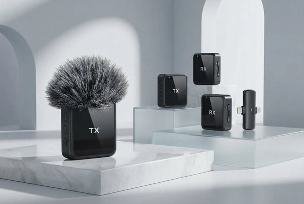 Black electronic devices labeled 'TX' and 'RX' on a modern, minimalistic background.