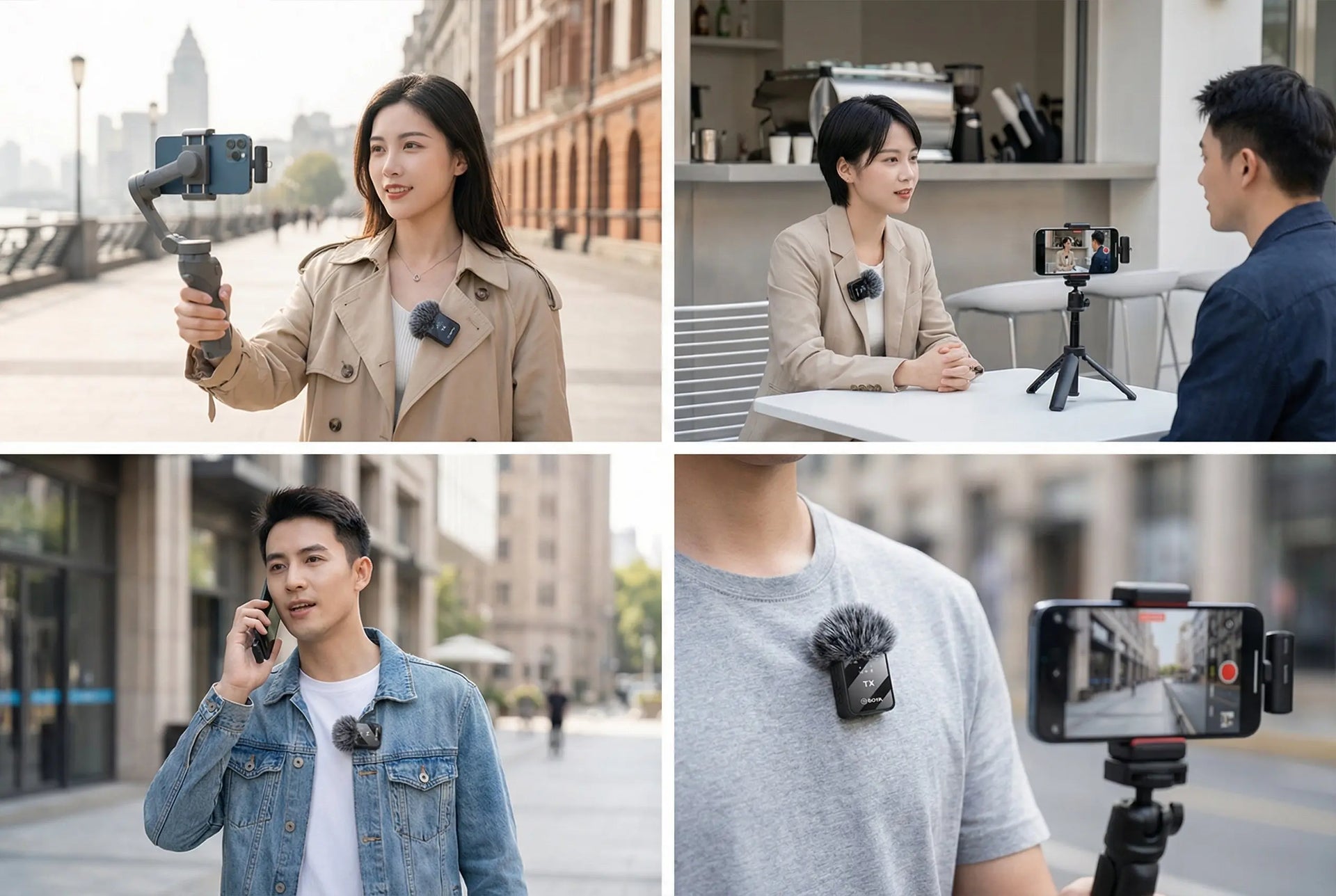 Collage of people using a smartphone with a microphone attachment in various settings.