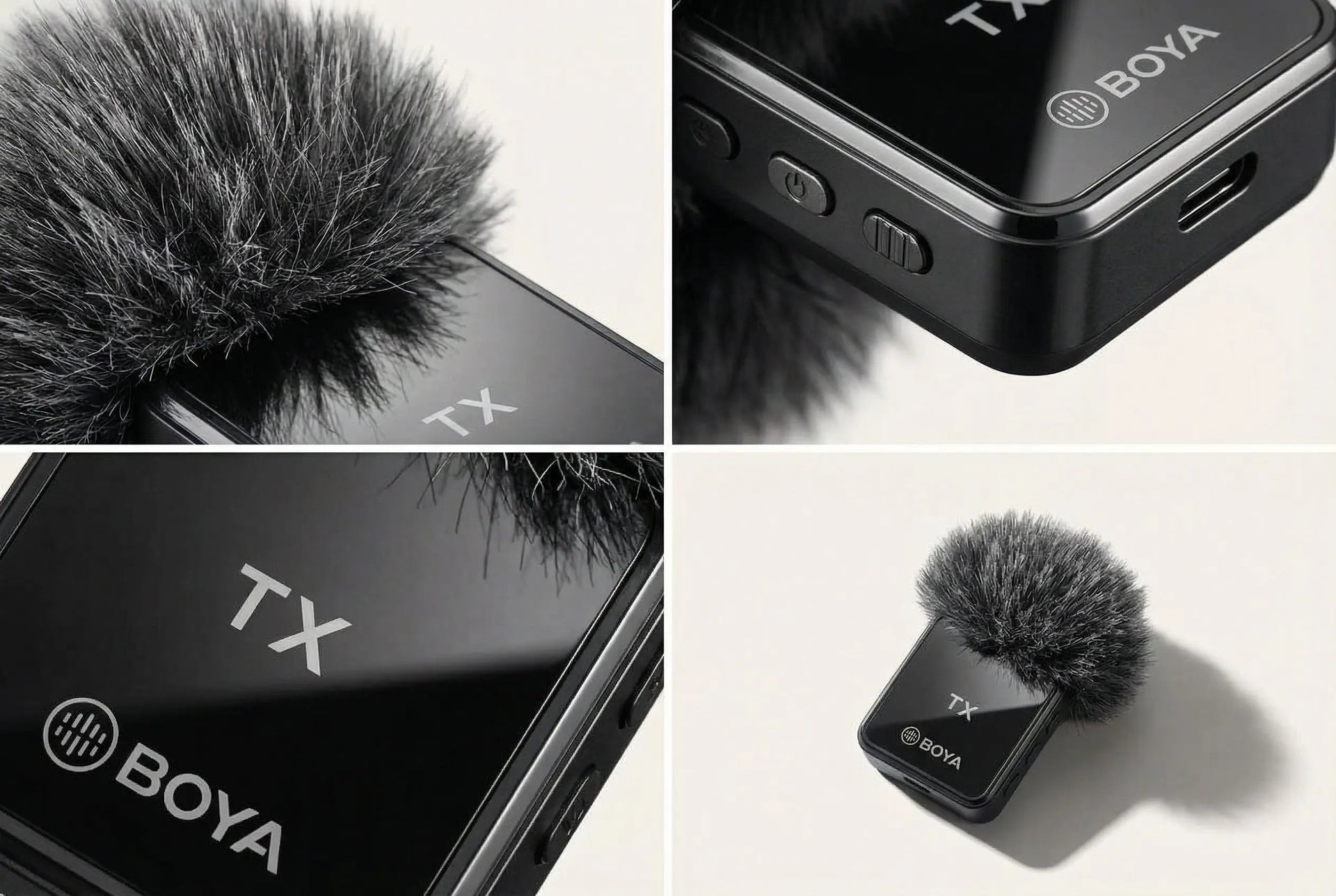 Collage of Boya BY-WM4 wireless microphone transmitter on a white background