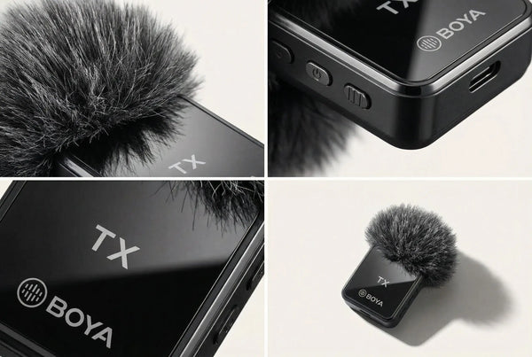 Collage of Boya BY-WM4 wireless microphone transmitter on a white background